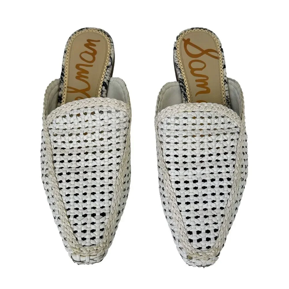 Sam Edelman Elva Mules Slip On Flats Woven Leather Cream Pointed Toe Slides 7